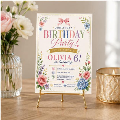 Editable Garden Birthday Invitation Canva Template, Pink Pastel Girls Kids Cute Fun DIY Sweet Chic Party Invite, Printable Digital Download.