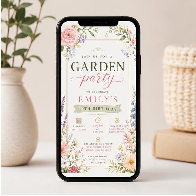 Editable Garden Birthday Invitation Canva Template, Floral Girls Cute Fun DIY Sweet Chic Kids Teen Party Invite, Printable Digital Download.
