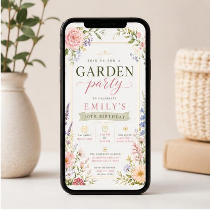 Editable Garden Birthday Invitation Canva Template, Floral Girls Cute Fun DIY Sweet Chic Kids Teen Party Invite, Printable Digital Download.