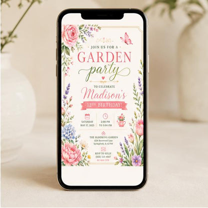 Editable Garden Birthday Invitation Canva Template, Floral Girls Cute Fun DIY Sweet Chic Kids Teen Party Invite, Printable Digital Download.