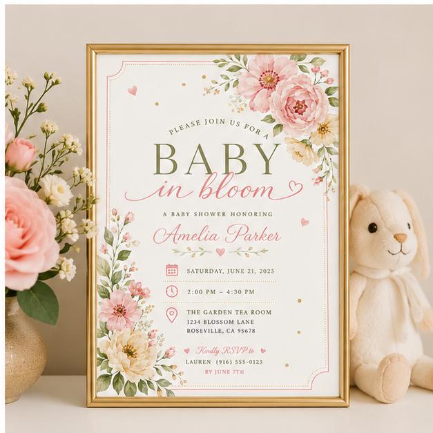 Editable Floral Baby Shower Invitation Canva Template, Pink Green Girls Kids Floral Modern Fun DIY Party Invite, Printable Digital Download.
