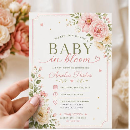 Editable Floral Baby Shower Invitation Canva Template, Pink Green Girls Kids Floral Modern Fun DIY Party Invite, Printable Digital Download.