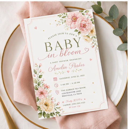 Editable Floral Baby Shower Invitation Canva Template, Pink Green Girls Kids Floral Modern Fun DIY Party Invite, Printable Digital Download.