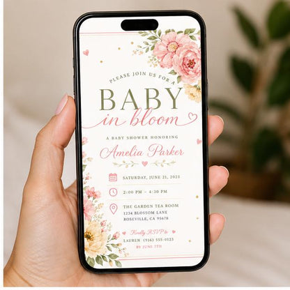 Editable Floral Baby Shower Invitation Canva Template, Pink Green Girls Kids Floral Modern Fun DIY Party Invite, Printable Digital Download.