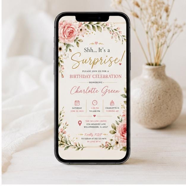 Editable Wildflowers Surprise 70th 80th Birthday Invitation Canva Template, Cute Fun DIY Chic Kids Party Invite, Printable Digital Download.