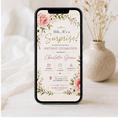 Editable Wildflowers Surprise 70th 80th Birthday Invitation Canva Template, Cute Fun DIY Chic Kids Party Invite, Printable Digital Download.