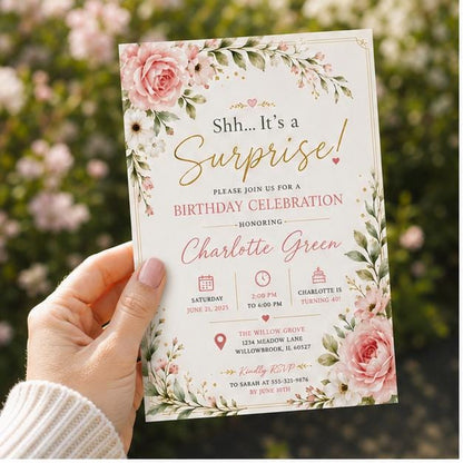 Editable Wildflowers Surprise 70th 80th Birthday Invitation Canva Template, Cute Fun DIY Chic Kids Party Invite, Printable Digital Download.