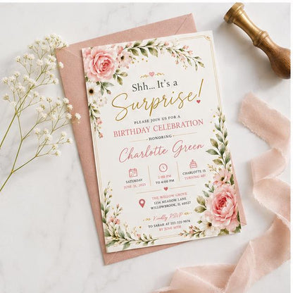 Editable Wildflowers Surprise 70th 80th Birthday Invitation Canva Template, Cute Fun DIY Chic Kids Party Invite, Printable Digital Download.