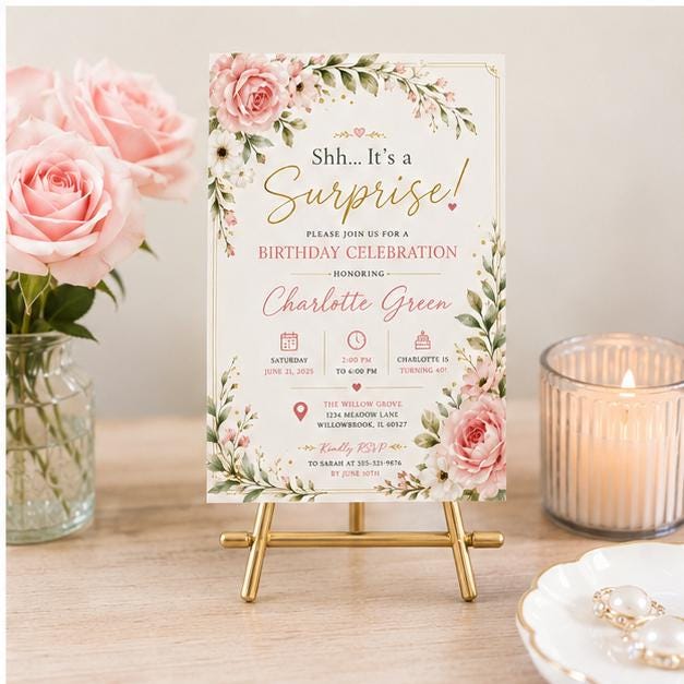 Editable Wildflowers Surprise 70th 80th Birthday Invitation Canva Template, Cute Fun DIY Chic Kids Party Invite, Printable Digital Download.