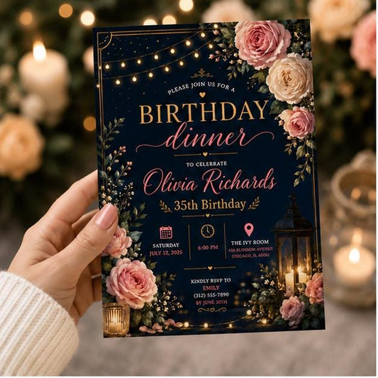 Editable Black Gold Birthday Invitation Canva Template, Luxury Floral Girls Cute Fun DIY Chic Kids Party Invite, Printable Digital Download.
