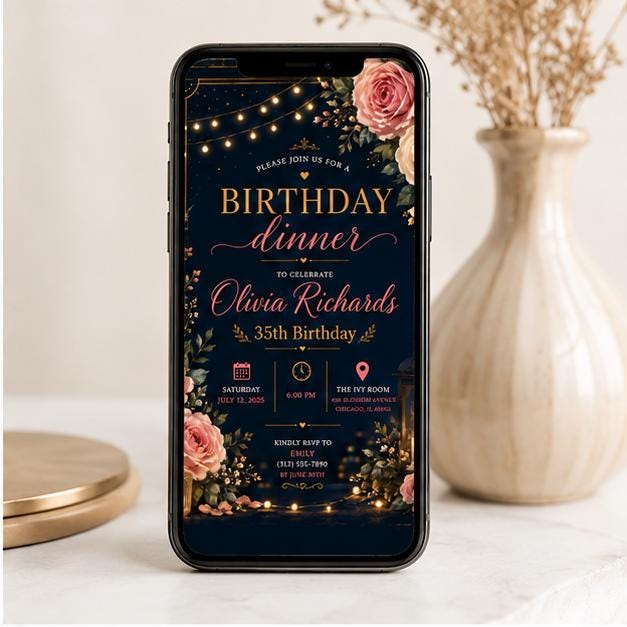 Editable Black Gold Birthday Invitation Canva Template, Luxury Floral Girls Cute Fun DIY Chic Kids Party Invite, Printable Digital Download.