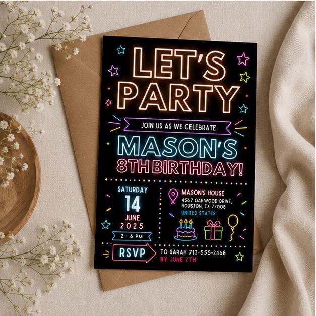 Editable Simple Colorful Birthday Invitation Canva Template, Rainbow Kids Cute Modern Fun DIY Chic Party Invite, Printable Digital Download.