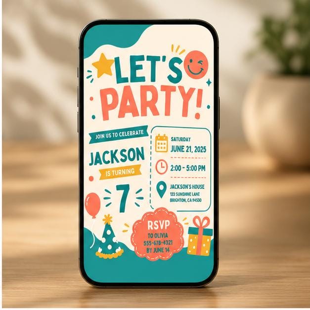 Editable Retro Birthday Invitation Canva Template, Blue Red Boys Kids Retro Cute Fun DIY Chic Teen Party Invite, Printable Digital Download.