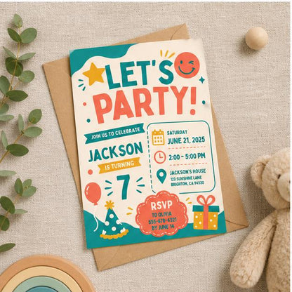 Editable Retro Birthday Invitation Canva Template, Blue Red Boys Kids Retro Cute Fun DIY Chic Teen Party Invite, Printable Digital Download.