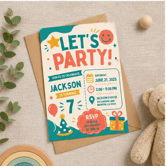 Editable Retro Birthday Invitation Canva Template, Blue Red Boys Kids Retro Cute Fun DIY Chic Teen Party Invite, Printable Digital Download.