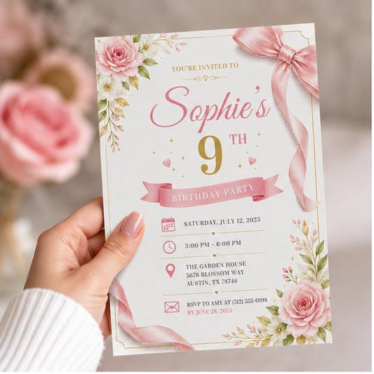 Editable Pink Bow Birthday Invitation Canva Template, Cute Girls Teens Bow Fun DIY Sweet Chic Kids Party Invite, Printable Digital Download.
