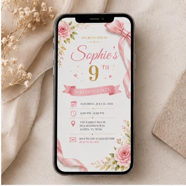 Editable Pink Bow Birthday Invitation Canva Template, Cute Girls Teens Bow Fun DIY Sweet Chic Kids Party Invite, Printable Digital Download.