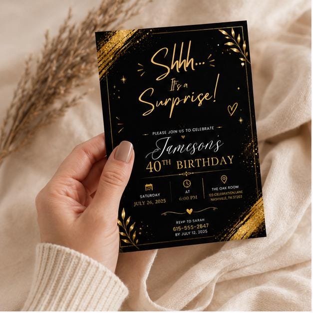 Editable Surprise Birthday Invitation Canva Template, Gold Black Adult Cute Fun DIY Chic Kids Teen Party Invite, Printable Digital Download.