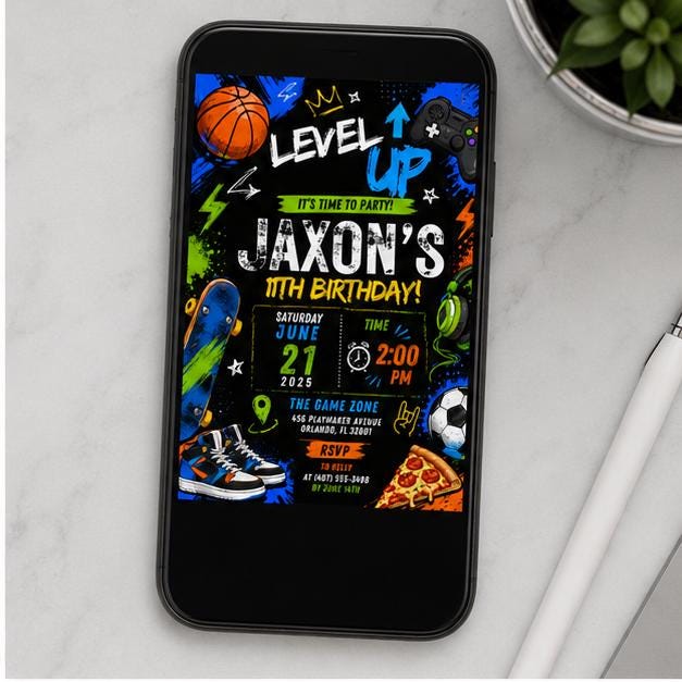 Editable Sports Birthday Invitation Canva Template, Neon Boys Kids Teens Sports Sport Cute Fun DIY Party Invite, Printable Digital Download.