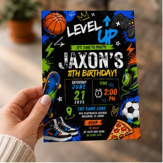 Editable Sports Birthday Invitation Canva Template, Neon Boys Kids Teens Sports Sport Cute Fun DIY Party Invite, Printable Digital Download.