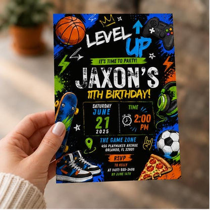 Editable Sports Birthday Invitation Canva Template, Neon Boys Kids Teens Sports Sport Cute Fun DIY Party Invite, Printable Digital Download.