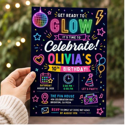 Editable Glow Birthday Invitation Canva Template, Neon Girls Cute Modern Fun Themed DIY Sweet Chic Party Invite, Printable Digital Download.