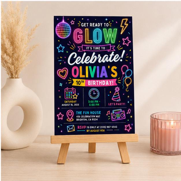Editable Glow Birthday Invitation Canva Template, Neon Girls Cute Modern Fun Themed DIY Sweet Chic Party Invite, Printable Digital Download.