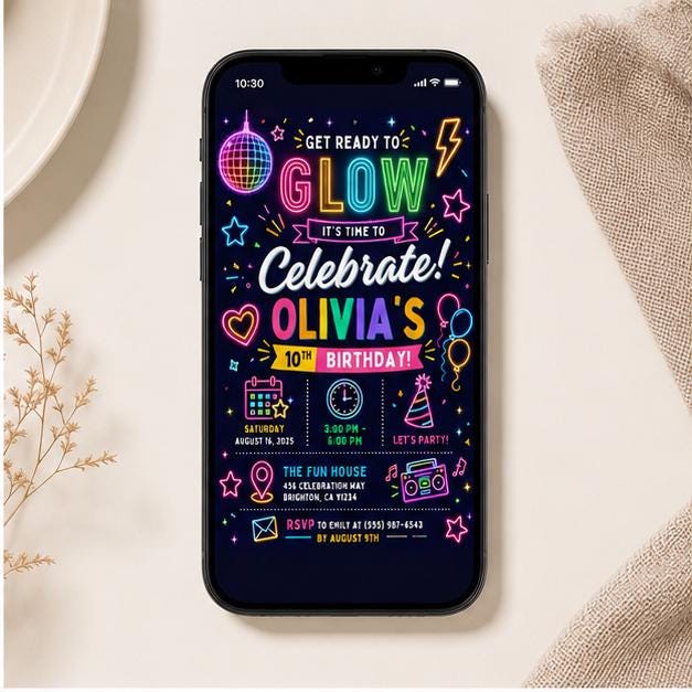 Editable Glow Birthday Invitation Canva Template, Neon Girls Cute Modern Fun Themed DIY Sweet Chic Party Invite, Printable Digital Download.