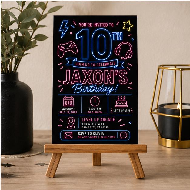 Editable Neon Glow Birthday Invitation Canva Template, Boys Kids Teens Neon Cute Fun DIY Chic Teen Party Invite, Printable Digital Download.