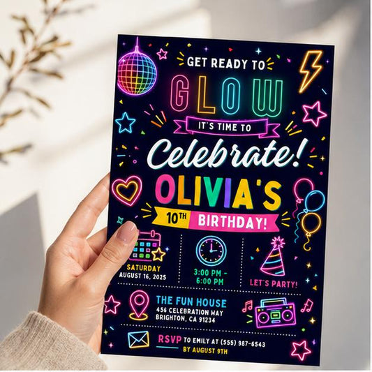 Editable Neon Glow Birthday Invitation Canva Template, Girls Kids Neon Cute Modern Fun Instant DIY Party Invite, Printable Digital Download.