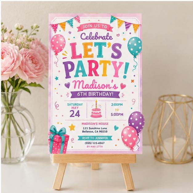 Editable Preppy Birthday Invitation Canva Template, Girls Preppy Cute Fun DIY Sweet Chic Kids Teen Party Invite, Printable Digital Download.