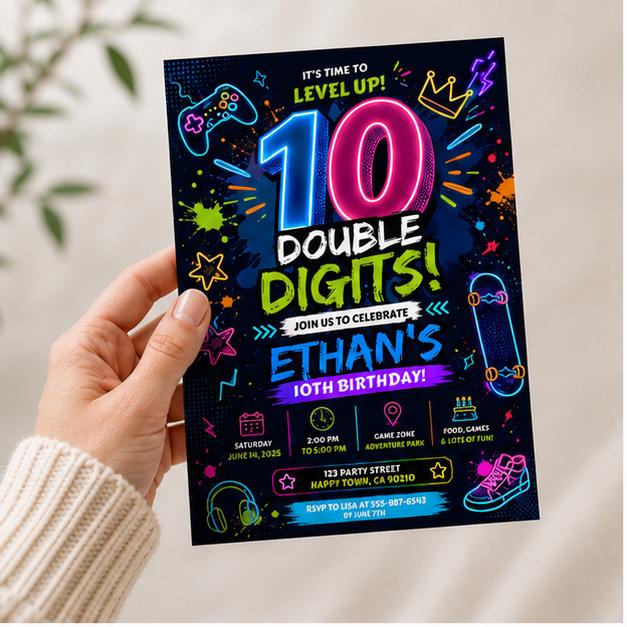 Editable Neon Glow Birthday Invitation Canva Template, Kids Teens Neon Cute Modern Fun Instant DIY Party Invite, Printable Digital Download.