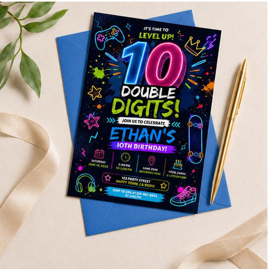 Editable Neon Glow Birthday Invitation Canva Template, Kids Teens Neon Cute Modern Fun Instant DIY Party Invite, Printable Digital Download.