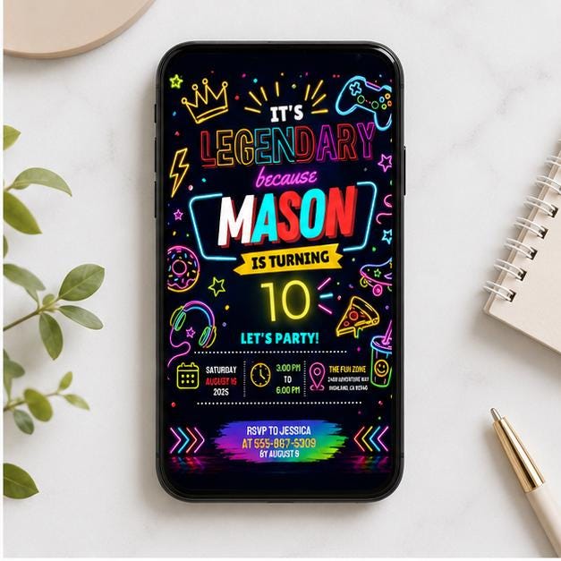 Editable Neon Glow Birthday Invitation Canva Template, Boys Kids Teens Neon Cute Fun DIY Chic Teen Party Invite, Printable Digital Download.