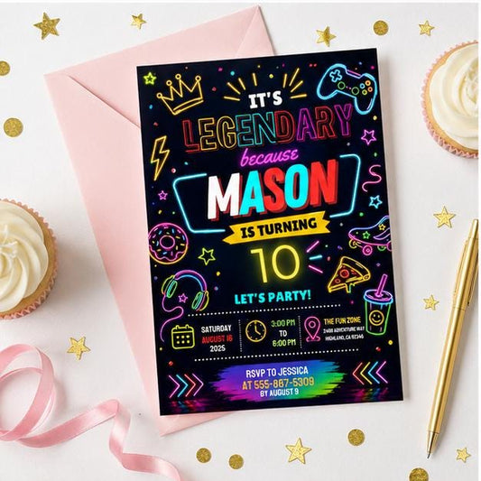 Editable Neon Glow Birthday Invitation Canva Template, Boys Kids Teens Neon Cute Fun DIY Chic Teen Party Invite, Printable Digital Download.