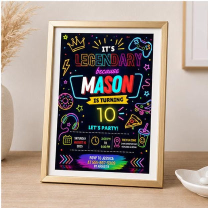 Editable Neon Glow Birthday Invitation Canva Template, Boys Kids Teens Neon Cute Fun DIY Chic Teen Party Invite, Printable Digital Download.