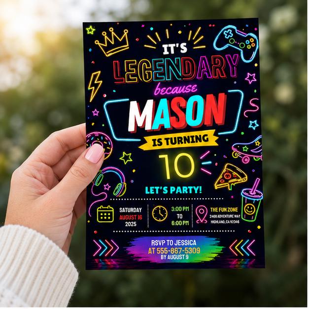 Editable Neon Glow Birthday Invitation Canva Template, Boys Kids Teens Neon Cute Fun DIY Chic Teen Party Invite, Printable Digital Download.