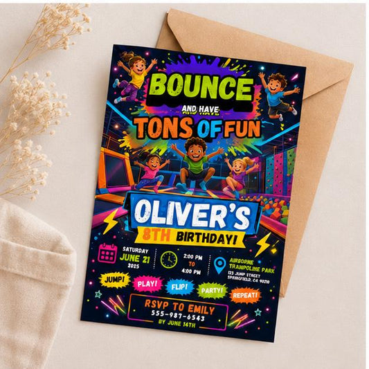 Editable Trampoline Park Birthday Invitation Canva Template, Kids Cute Modern Fun Themed DIY Sweet Party Invite, Printable Digital Download.