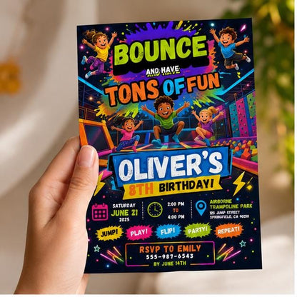Editable Trampoline Park Birthday Invitation Canva Template, Kids Cute Modern Fun Themed DIY Sweet Party Invite, Printable Digital Download.