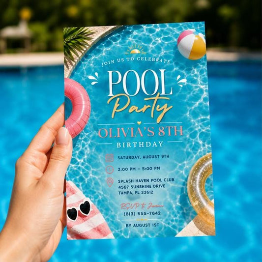 Editable Pool Birthday Invitation Canva Template, Black Groovy Kids Pool Cute Modern Fun DIY Sweet Party Invite, Printable Digital Download.