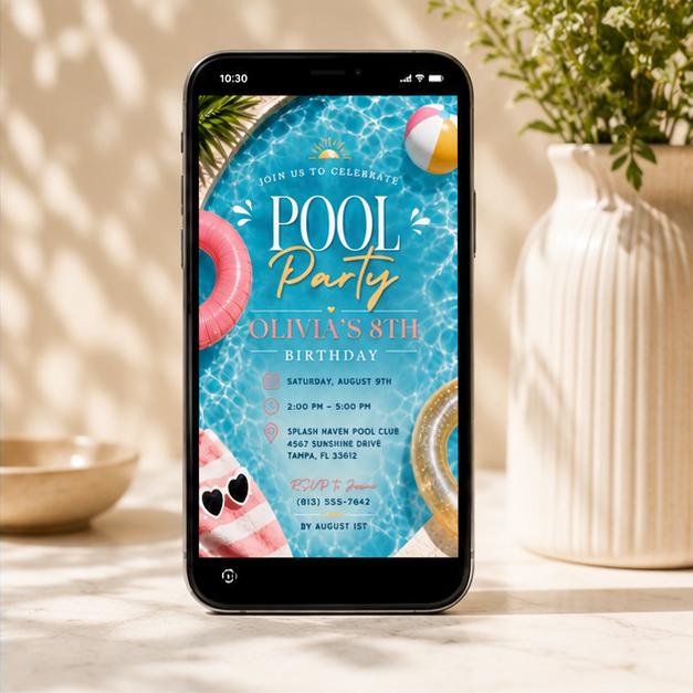 Editable Pool Birthday Invitation Canva Template, Black Groovy Kids Pool Cute Modern Fun DIY Sweet Party Invite, Printable Digital Download.