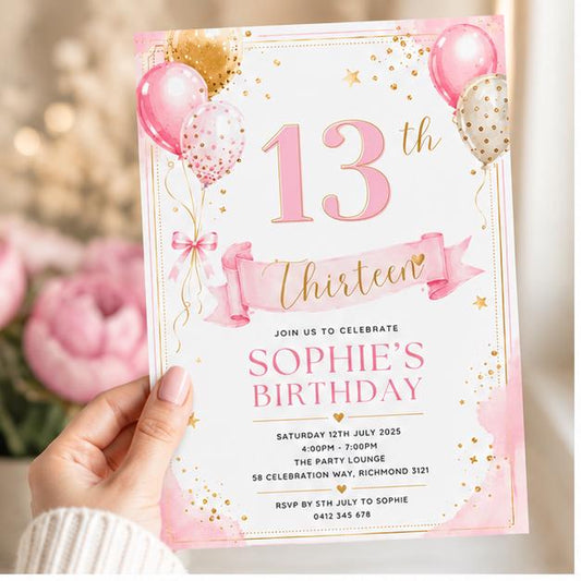 Editable Blue Birthday Invitation Canva Template, Floral Trendy Girls Teens Cute Fun DIY Chic Kids Party Invite, Printable Digital Download.