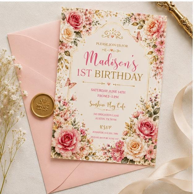 Editable Garden Birthday Invitation Canva Template, Floral Girls Kids Cute Fun DIY Sweet Chic Teen Party Invite, Printable Digital Download.