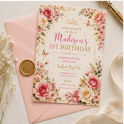 Editable Garden Birthday Invitation Canva Template, Floral Girls Kids Cute Fun DIY Sweet Chic Teen Party Invite, Printable Digital Download.
