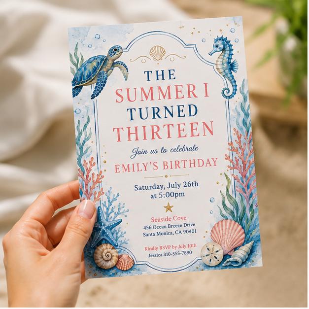 Editable Coastal Birthday Invitation Canva Template, Blue White Teens Adult Cute Fun DIY Chic Kids Party Invite, Printable Digital Download.