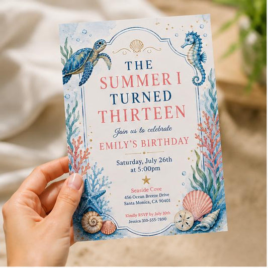 Editable Coastal Birthday Invitation Canva Template, Blue White Teens Adult Cute Fun DIY Chic Kids Party Invite, Printable Digital Download.