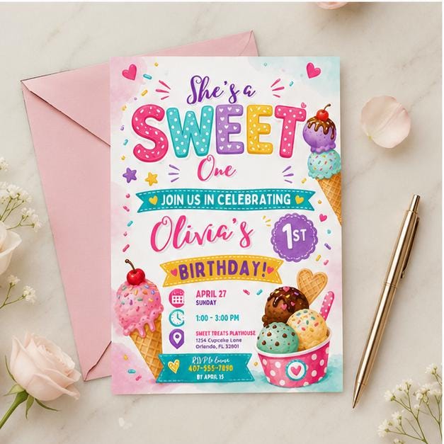 Editable Sweet Treats Birthday Invitation Canva Template, Cream Kids Sweet Cute Fun DIY Chic Tween Party Invite, Printable Digital Download.