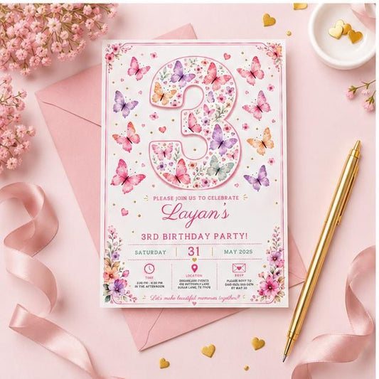 Editable Butterfly Birthday Invitation Canva Template, Pink Pastel Floral Girls Cute Fun DIY Sweet Party Invite, Printable Digital Download.