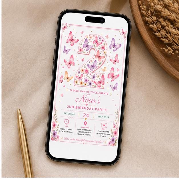 Editable Butterfly Birthday Invitation Canva Template, Pink Pastel Floral Kids Cute Modern Fun DIY Party Invite, Printable Digital Download.
