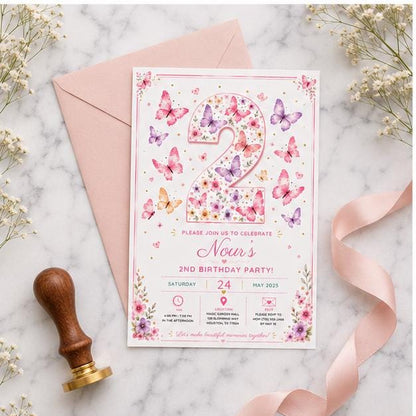 Editable Butterfly Birthday Invitation Canva Template, Pink Pastel Floral Kids Cute Modern Fun DIY Party Invite, Printable Digital Download.